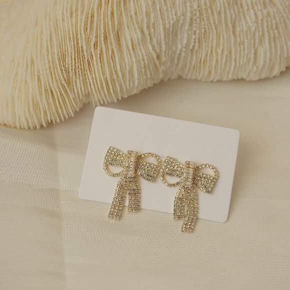 NEW 14K Gold Plated Diamond Bow Knot Earrings - Picture 5 of 6